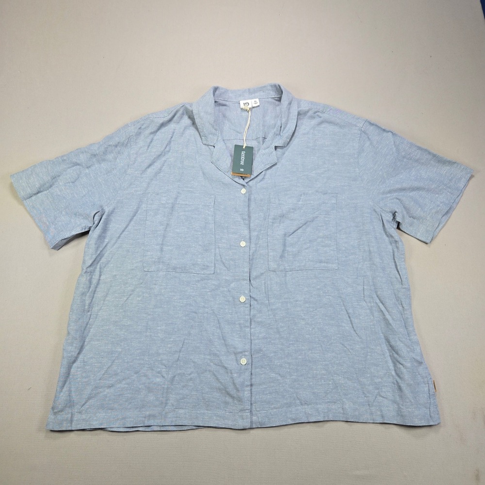tentree Button Down Shirt Hemp Tencel Camp Collar Heather Blue Womens XL